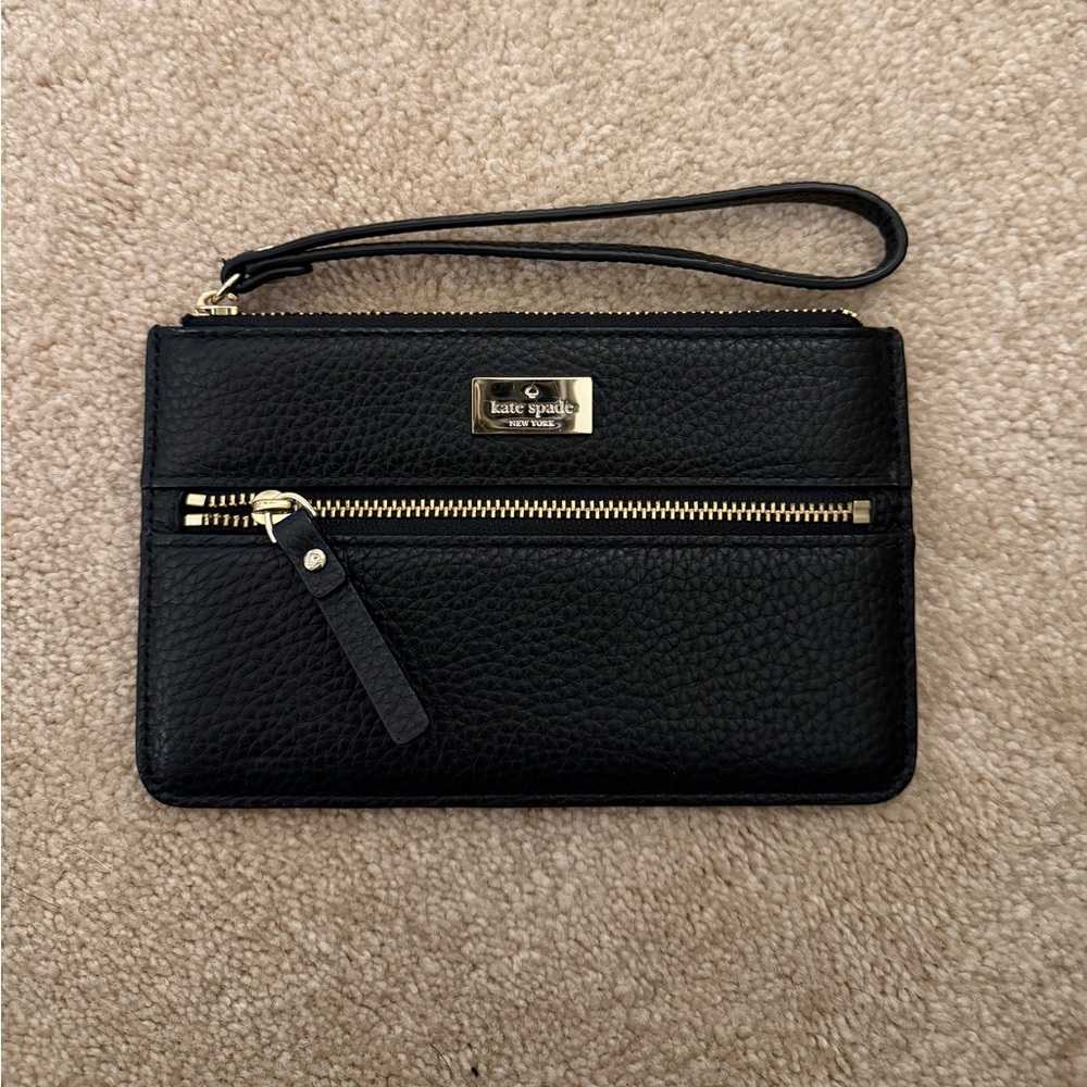 Kate Spade Black Leather Wristlet with Gold Zipper